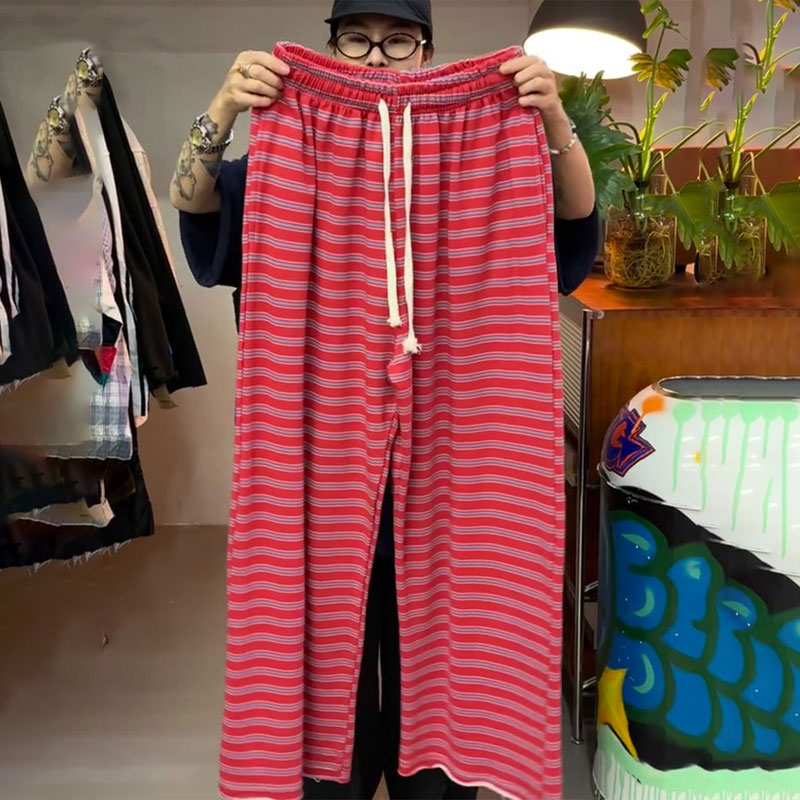 欧货高端定制红色条纹毛呢大码阔腿裤女2025秋冬新款加厚休闲裤子