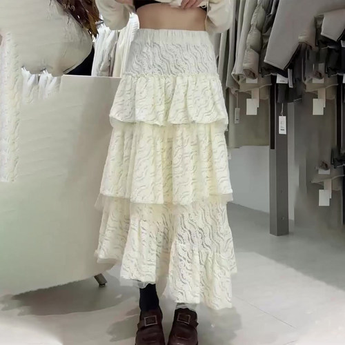 高端定制米白色蕾丝大码半身裙女