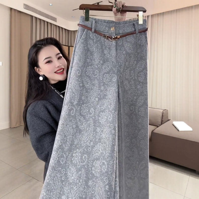 欧货高端定制灰色提花大码阔腿裤女2025冬季新款加厚慵懒风休闲裤,女装/女士精品,大码裤装,淘宝优惠券,粉丝福利购,淘宝优惠卷