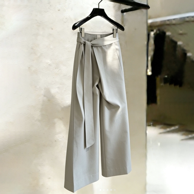 高端定制浅灰色大码系带阔腿裤女