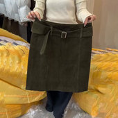 新款 高端定制墨绿色灯芯绒大码 半身裙女2025冬季 加厚腰带包臀短裙