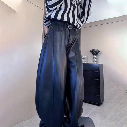 欧货高端定制黑色大码阔腿pu皮裤