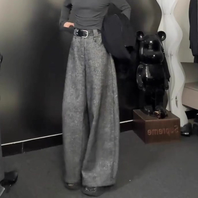 高端定制花灰色大码毛呢阔腿裤女
