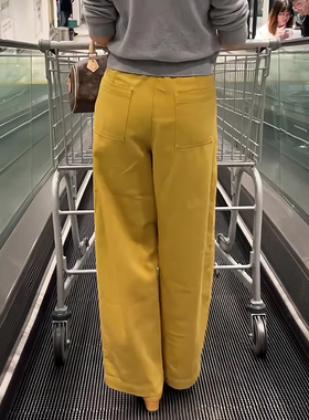 欧货大牌黄色休闲风修身显瘦长裤女2025冬季新款简约时尚阔腿裤子