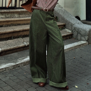 复古高腰休闲裤 欧货高端定制绿色大码 新款 女2025冬季 灯芯绒阔腿裤