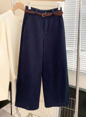 高端定制藏蓝色大码阔腿西装裤女2025冬季新款高级感直筒休闲裤子