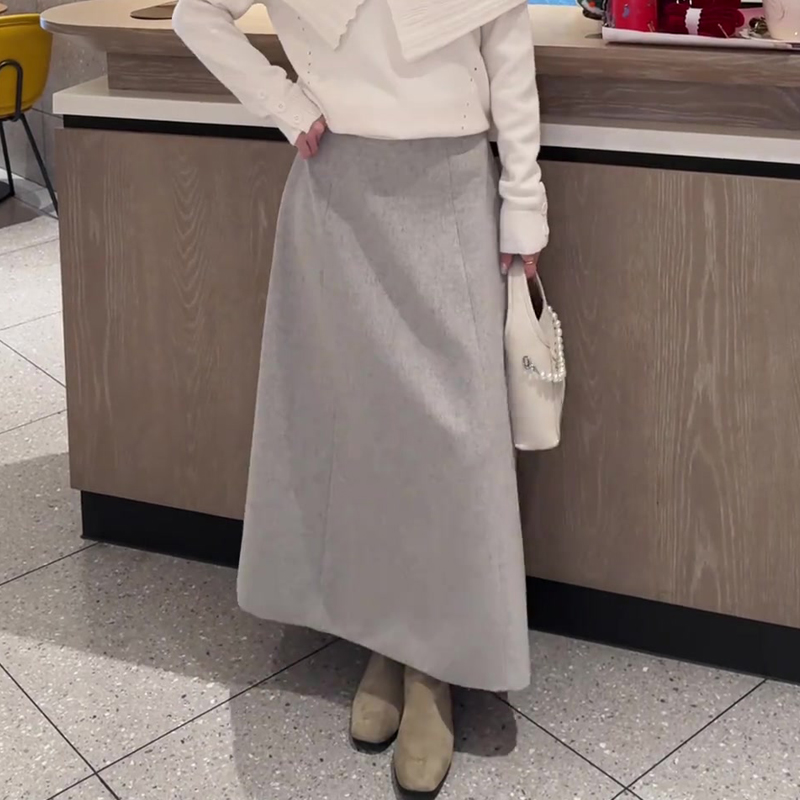 高端定制浅灰色毛呢大码半身裙女