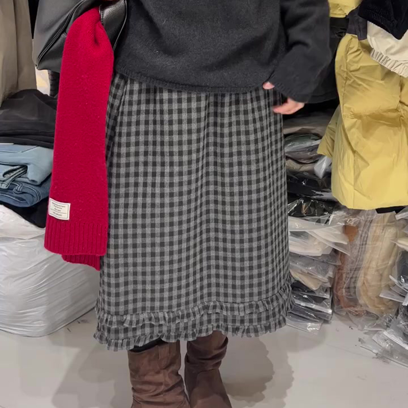 欧货高端定制灰色格纹大码半身裙