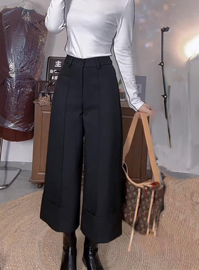 韩版黑色轻奢高定西装直筒裤女2025冬季新款小个子显瘦九分阔腿裤