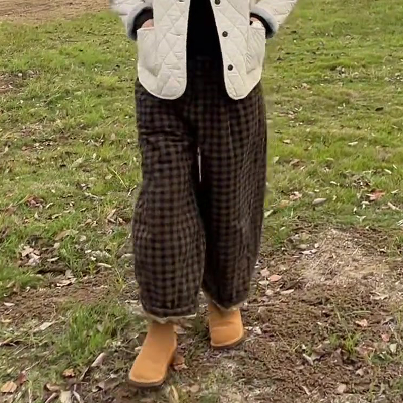 高端定制棕色毛呢大码格子阔腿裤