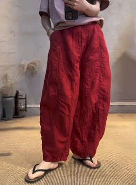 欧货正品红色大码棉麻阔腿裤女2025年冬季新款百搭高级感休闲长裤