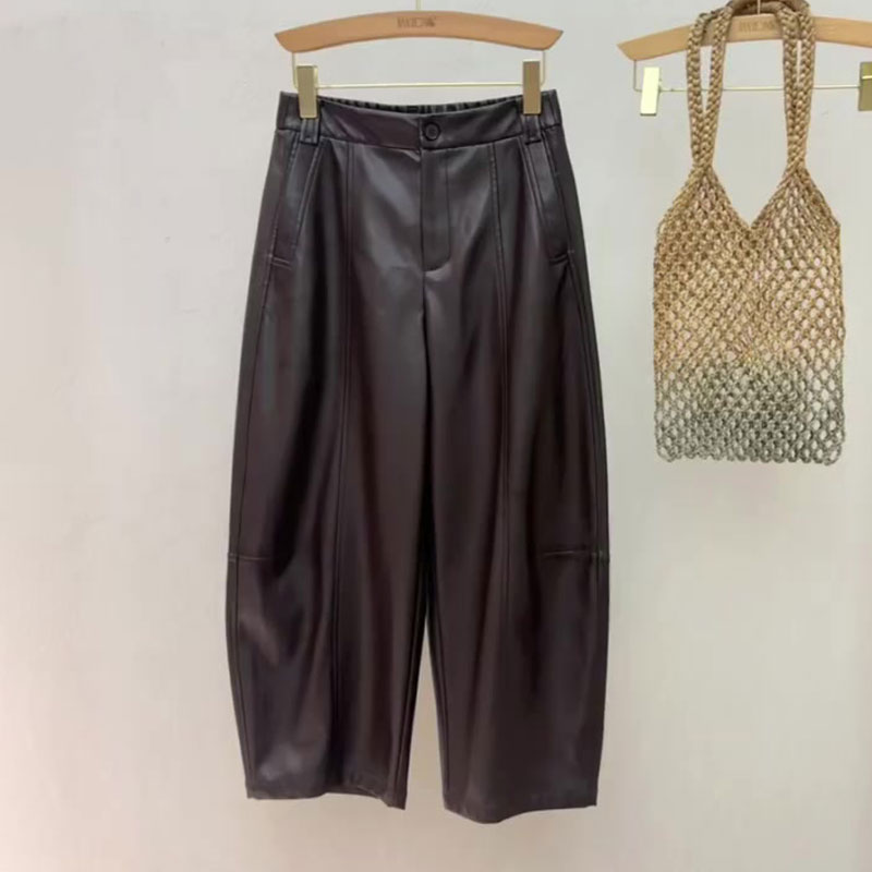 欧货高端定制棕色大码弯刀皮裤女