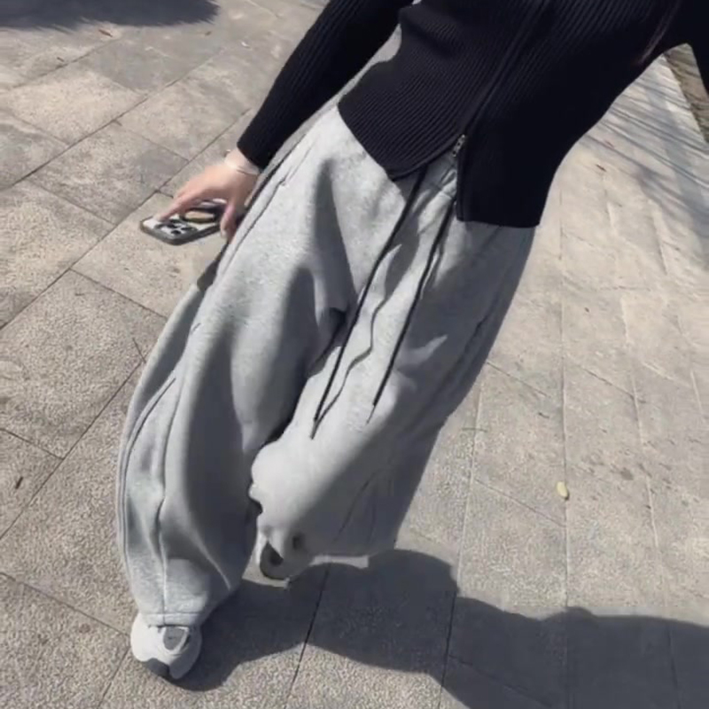 高端定制浅灰色毛呢大码阔腿裤女