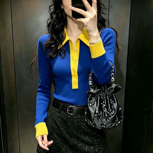 欧货高端港风拼色翻领大码上衣女