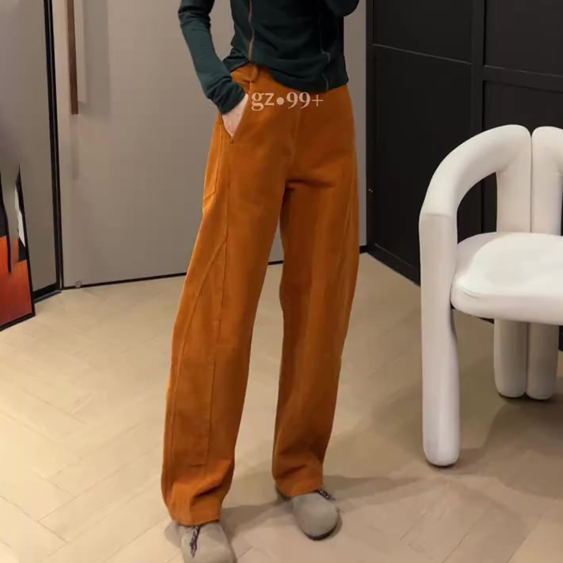 欧货高端定制橙色灯芯绒阔腿裤女