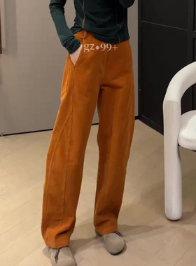 欧货高端定制橙色灯芯绒阔腿裤女2025秋季新款大码时尚休闲直筒裤