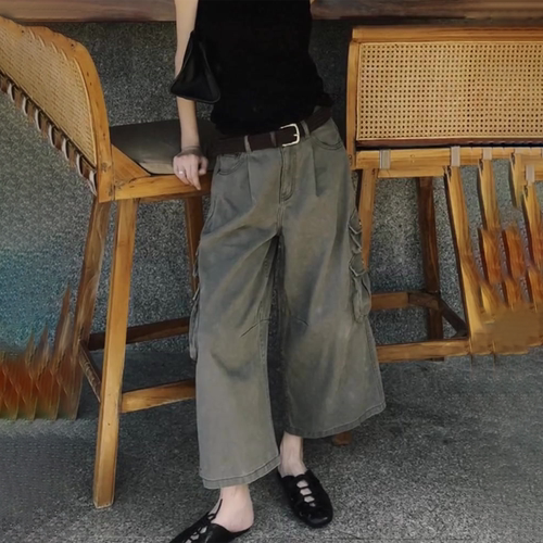 欧货高端定制灰绿色大码阔腿裤女