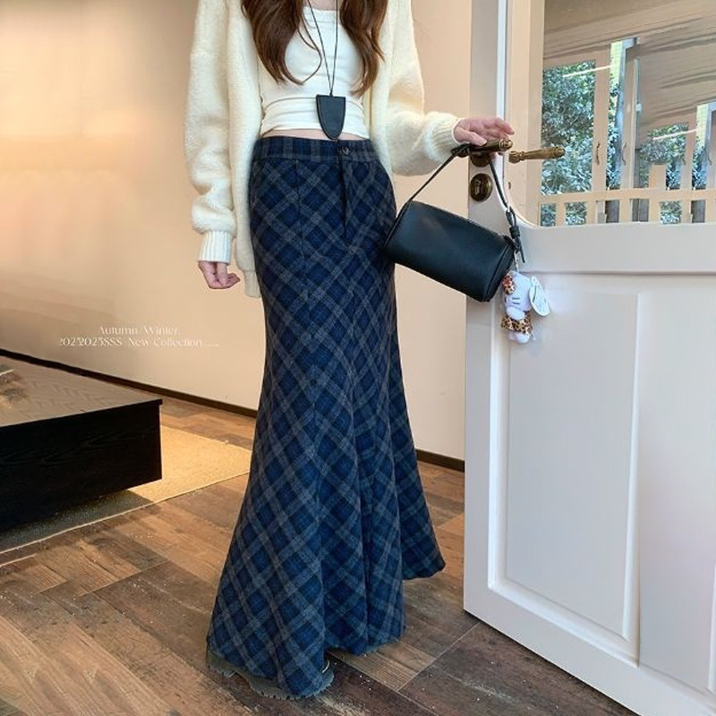 欧货高端定制藏蓝色毛呢大码半身裙女2026早春新款轻熟格纹鱼尾裙,女装/女士精品,大码半身裙,淘宝优惠券,粉丝福利购,淘宝优惠卷