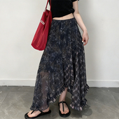 欧货高端定制深灰色网纱大码 半身裙女2026春夏新款 印花轻熟大摆裙