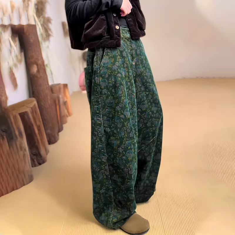 高端墨绿色复古印花大码阔腿裤女