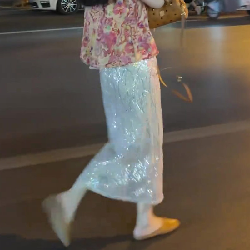 法式银色亮片半身裙女2025夏季新款高端减龄舒适轻奢百搭直筒裙