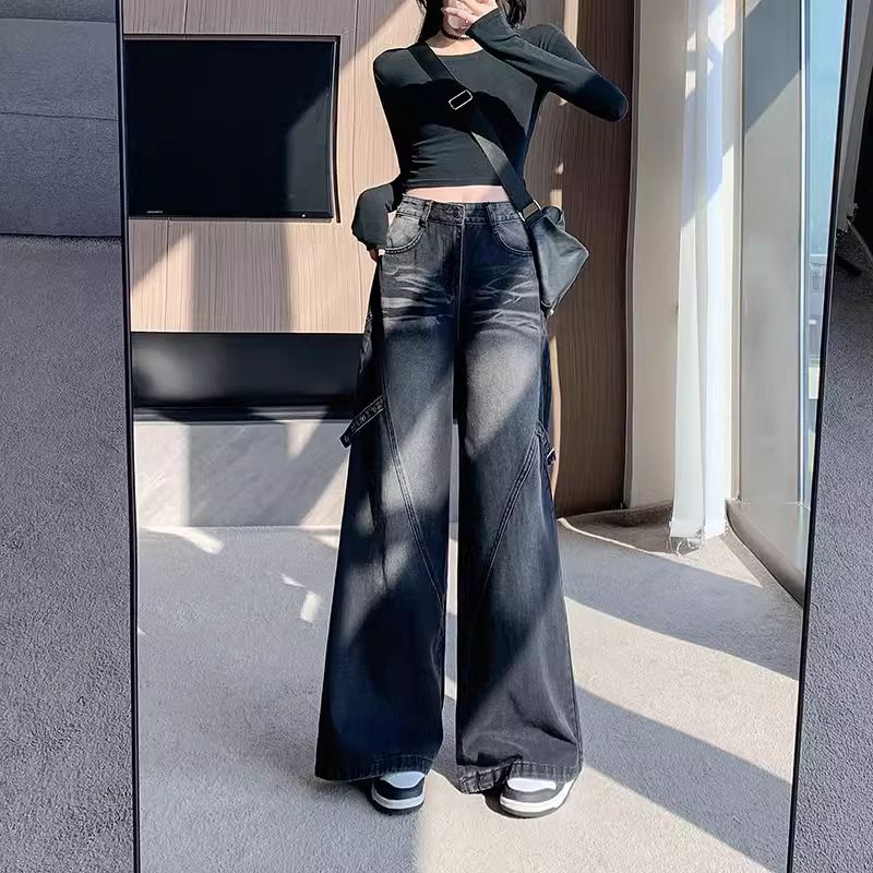 2025年黑色渐变设计感阔腿牛仔裤女春秋新款宽松高腰梨型身材裤子