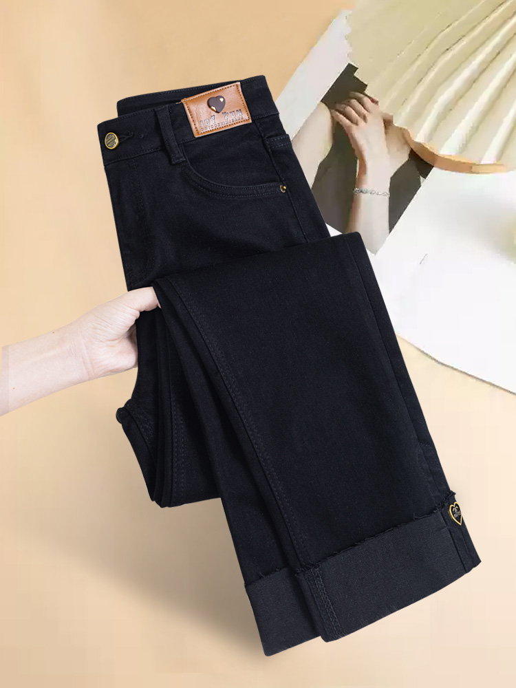 黑色直筒牛仔裤女士2025春秋季新夏季高腰法棍九分小羊毛内衬烟裤