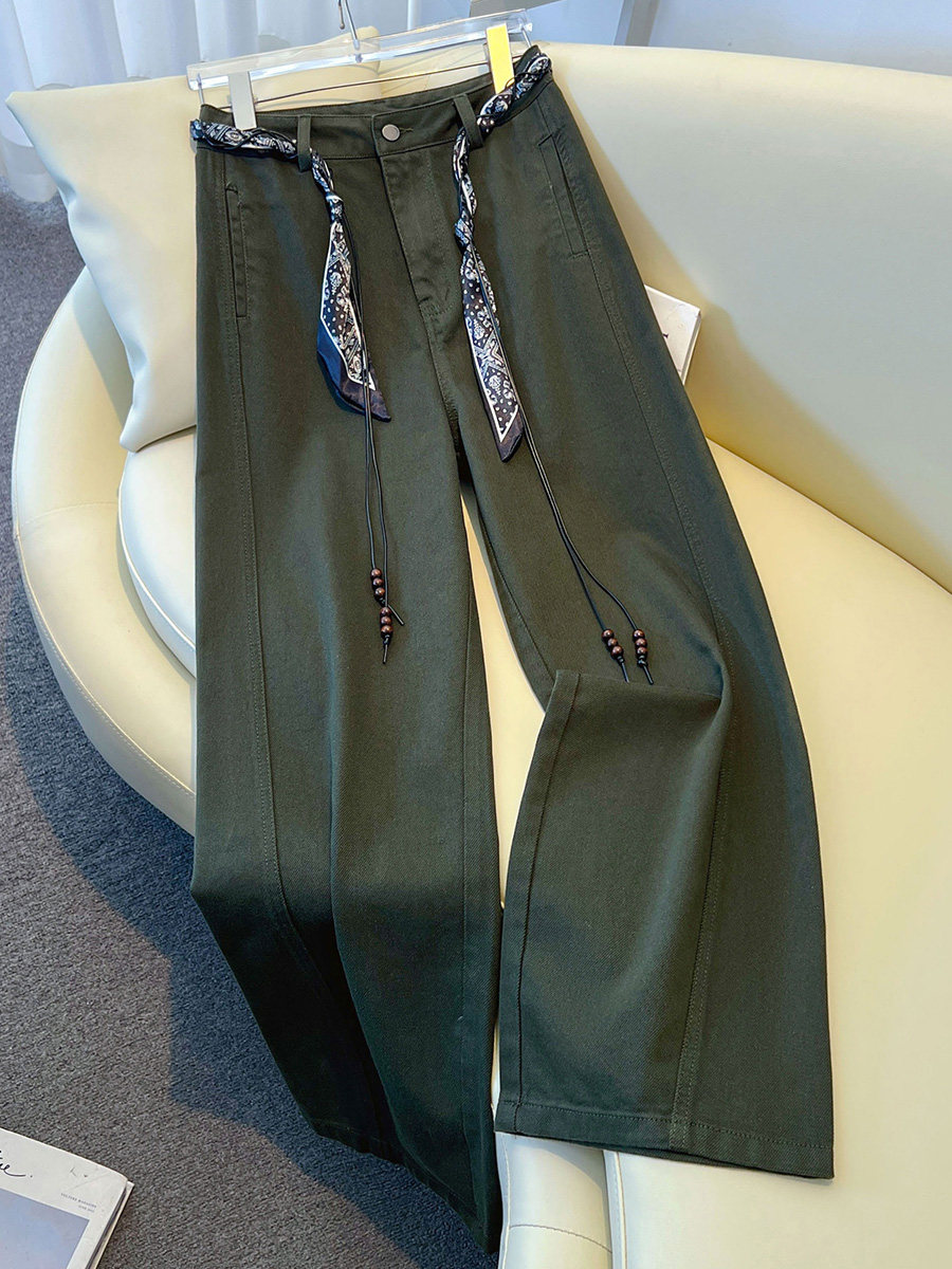 覆古军绿色阔腿牛仔裤女春秋季2025新款丝巾腰带莱赛尔拖地直筒裤,女装/女士精品,牛仔裤,淘宝优惠券,粉丝福利购,淘宝优惠卷