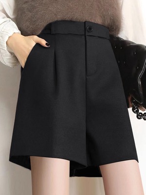 黑色毛呢短裤女春秋冬2025新款高腰五分裤阔腿裤休闲西装外穿靴裤