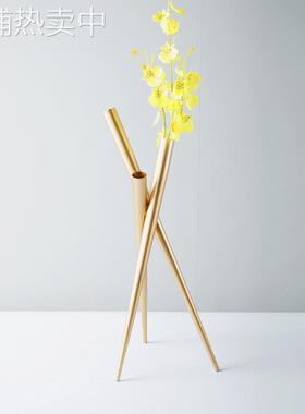 现代轻奢金属几何花器花插摆件金色圆管花样板间客厅桌面装饰品