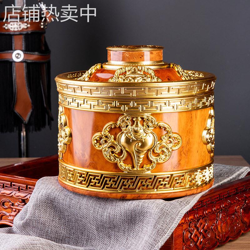 蒙古牛奶桶藏族元素少数民族风老式吉祥金带盖酸奶桶炒米收纳桶