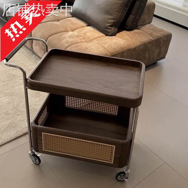 ir中古风实木边几黑胡桃木收纳推车小边几客厅沙发藤编可移动小茶
