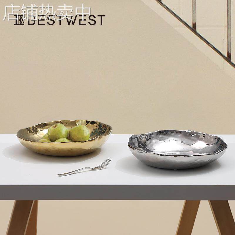 博西家居 金银色电镀陶瓷干果盘 轻奢ins风家用客厅坚果零食盘