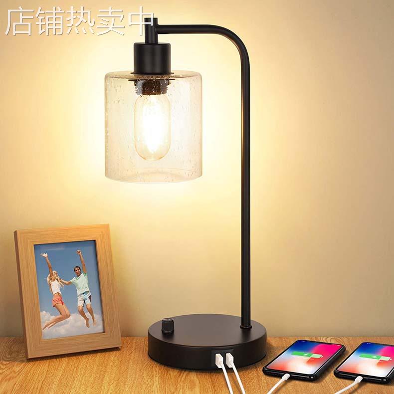 跨境工业复古玻璃台灯旋钮调光开关USB手机充电卧室床头夜起