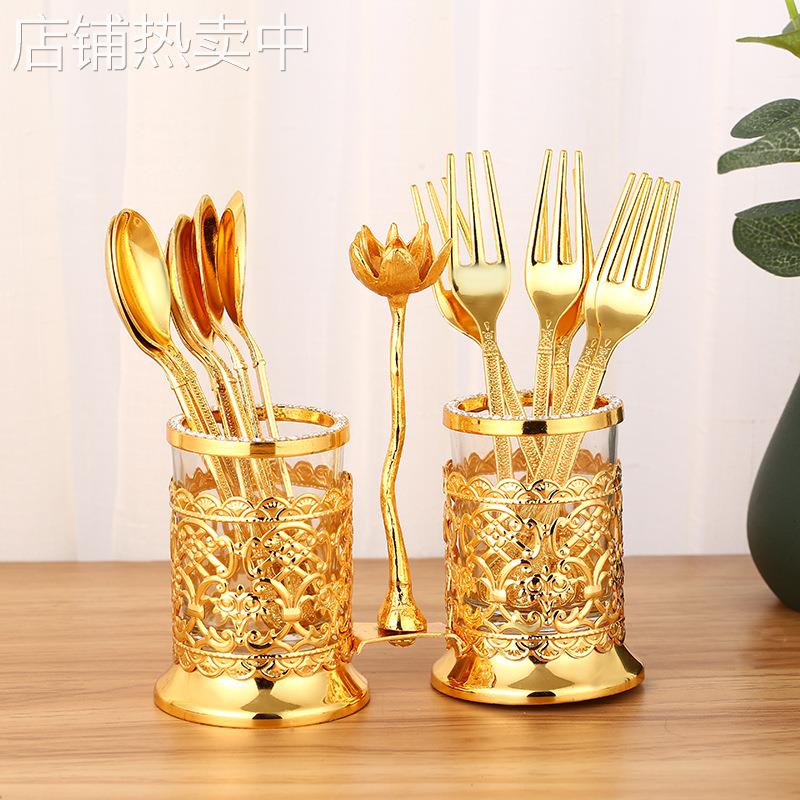 欧式咖啡小勺子水果叉套装创意可爱置物架金属家用甜品勺餐具