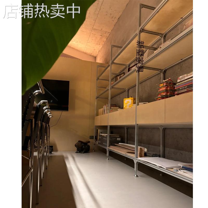 工业风铝型材书架置物架多层金属收纳架海洋板桦木陈列展示长条桌