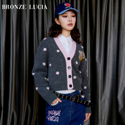 Bronze Lucia粉边波点刺绣针织开衫原创V领设计感毛衣开衫外套冬