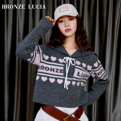 Bronze Lucia灰粉翻领爱心系带毛衣学院风少女原创设计套头针织衫