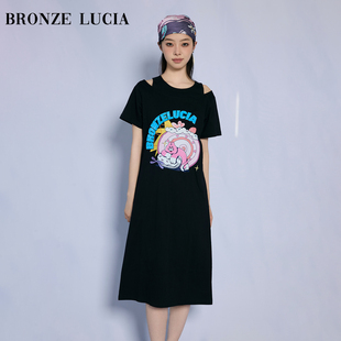 Bronze LuciaZIZONE联名 短袖T恤裙露肩连衣裙原创设计感学院少女