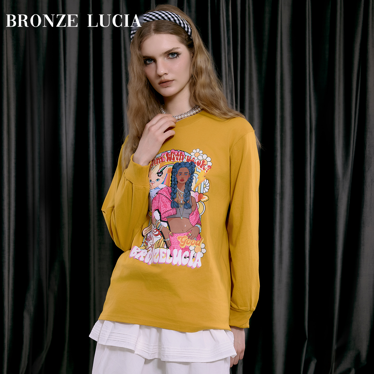 Bronze Lucia芥末黄黑皮辣妹长袖原创印花T恤早秋款休闲气质上衣