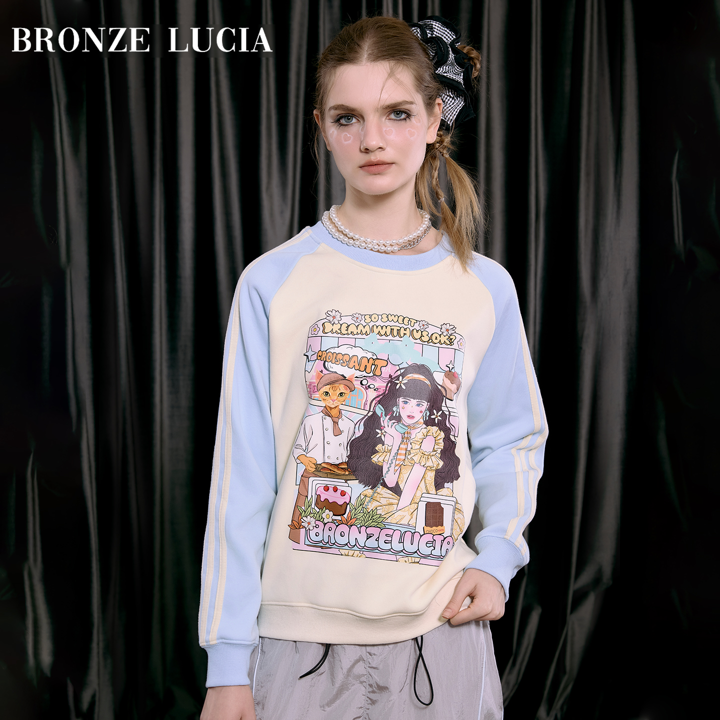 Bronze Lucia黑粉撞色千禧女孩运动风休闲卫衣气质少女早秋上衣