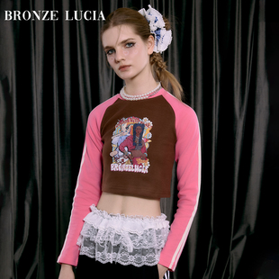露脐T恤原创设计感辣妹早秋 撞色黑皮辣妹长袖 Bronze Lucia短款