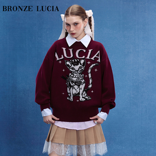 Bronze Lucia线稿皇冠猫针织毛衣24新款秋冬季小众潮牌红色百搭
