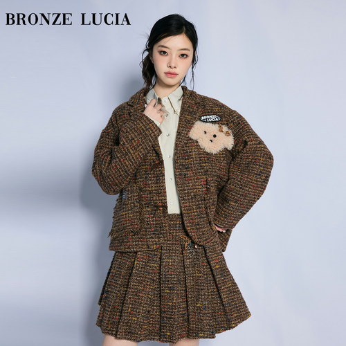 Bronze Lucia绒狗小香风西装外套棕咖套装原创复古学院风百褶裙套