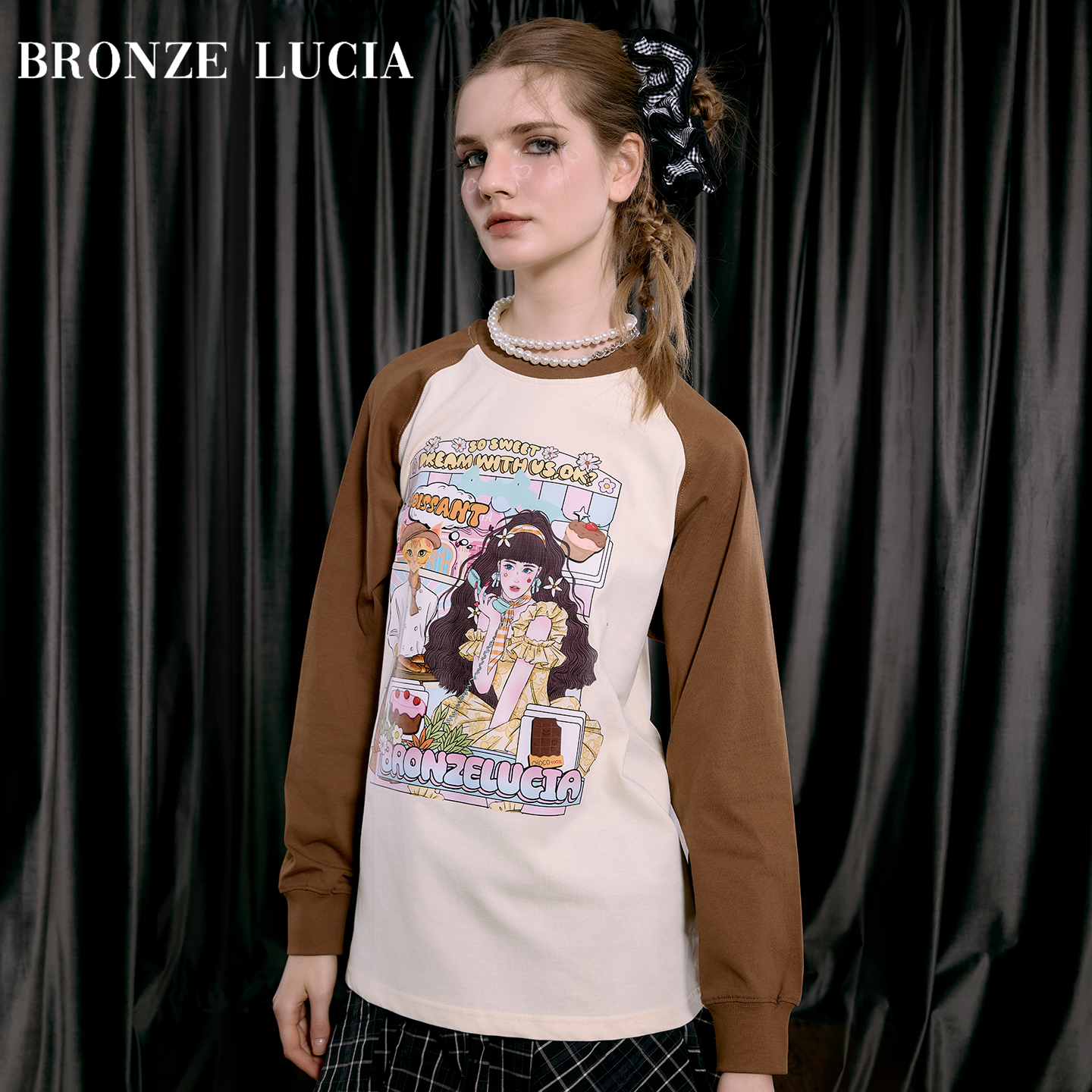 Bronze Lucia撞色千禧童话插肩袖印花长袖T恤女秋冬原创设计上衣