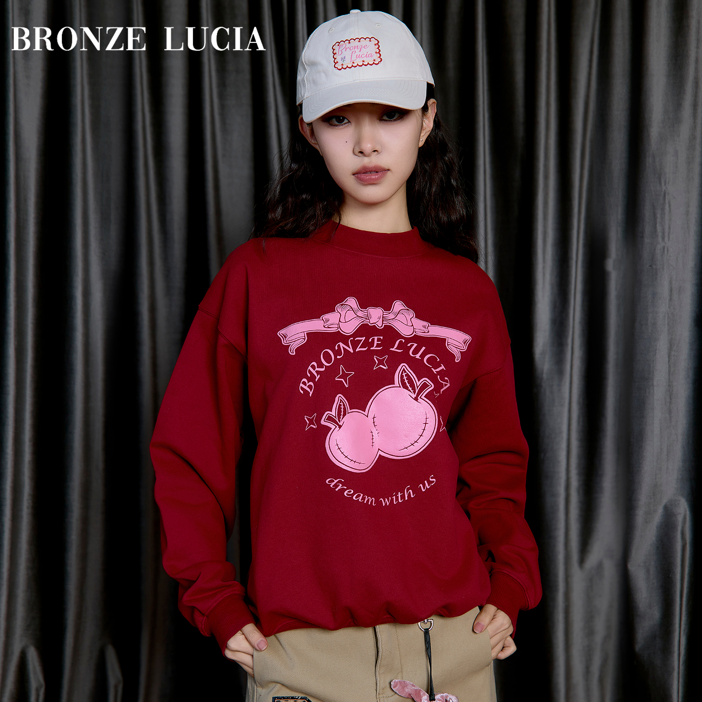 Bronze Lucia红韵粉果蝴蝶结高领卫衣原创设计少女学院风冬季上衣