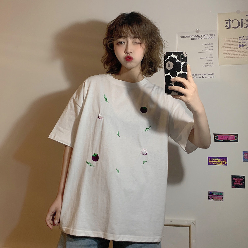 。短袖t恤女春装2020年新款夏季韩版宽松百搭显瘦山竹刺绣打底上