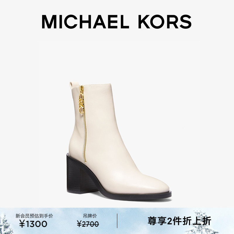 MK女士皮质粗跟中筒靴