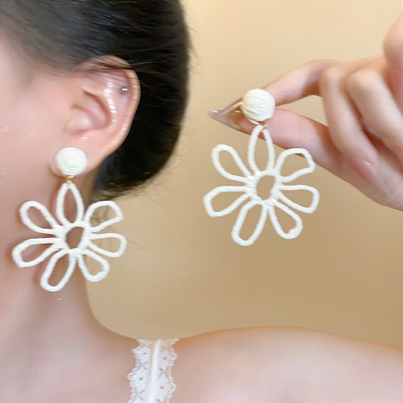 草编夸张大花手工耳环