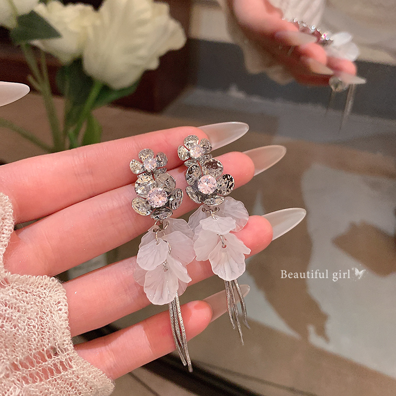 超仙银色花朵贝壳流苏耳环